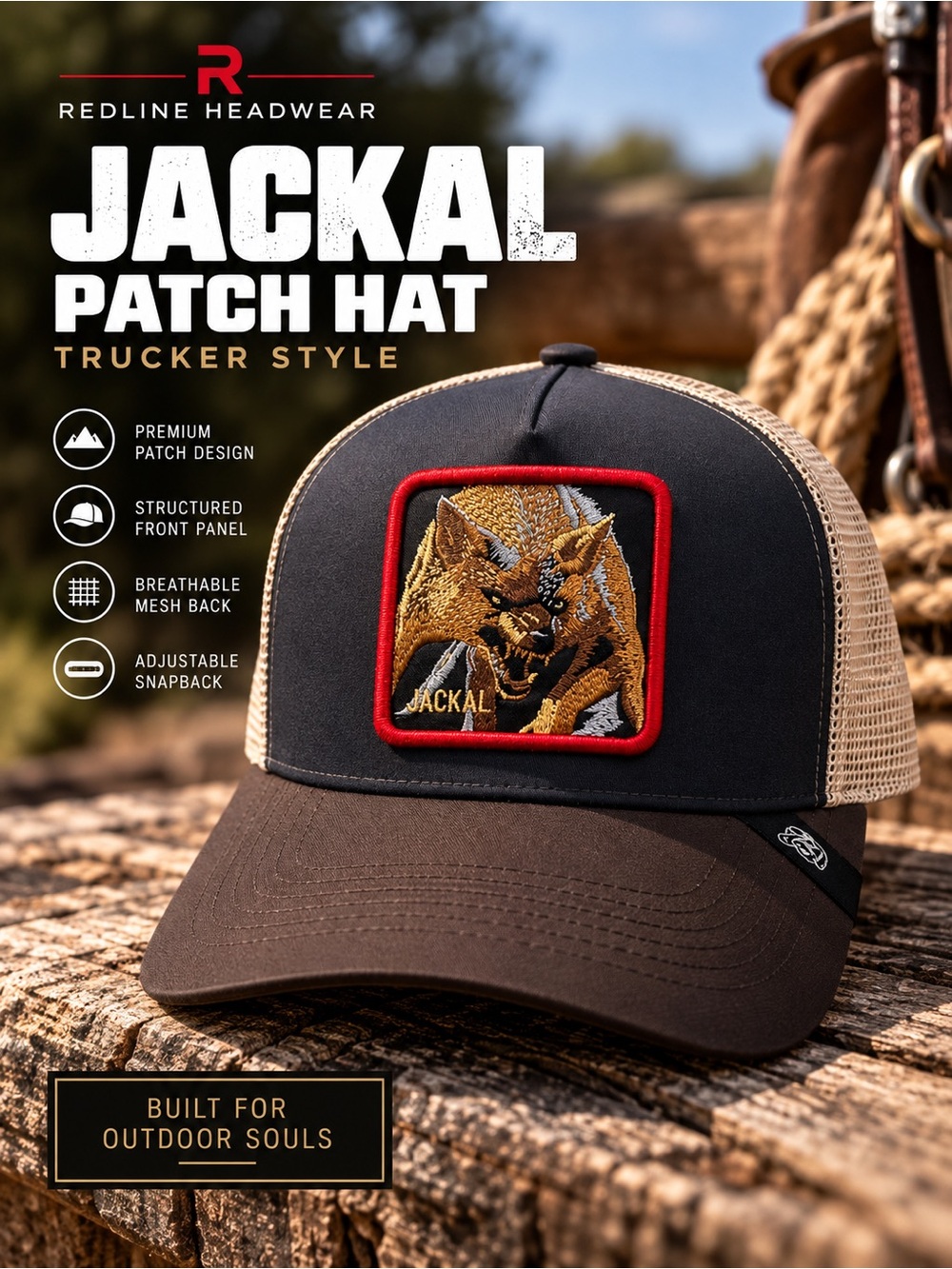 Jackal Trucker Hat Black Brown Snapback Animal Patch Cap Outdoor Style